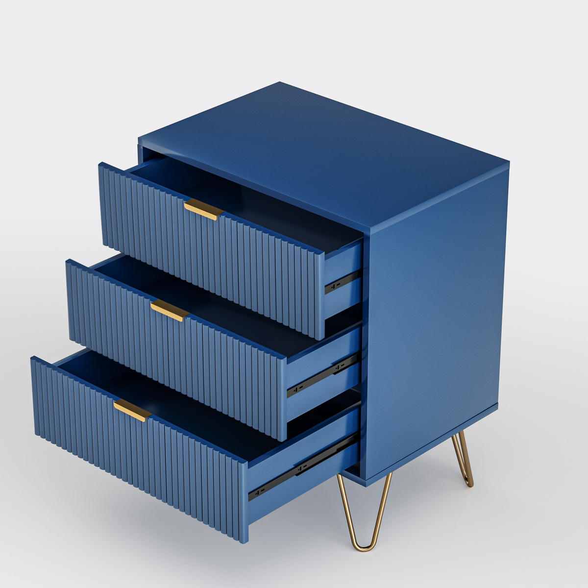 KOMMODE Dunkelblau mit 3 Schubladen & goldenen Metallfüßen - Dunkelblau, Holzwerkstoff (40/70/60cm) - SHOPENTRA