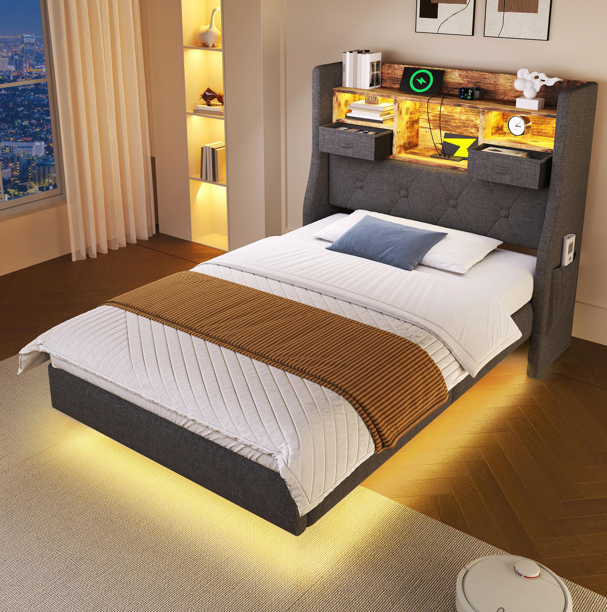 POLSTERBETT aus Leinen 90x200 cm Grau mit Matratze, LED-Beleuchtung, Ladestation und Stauraum - Grau, Textil (90/200cm) - IVMEU