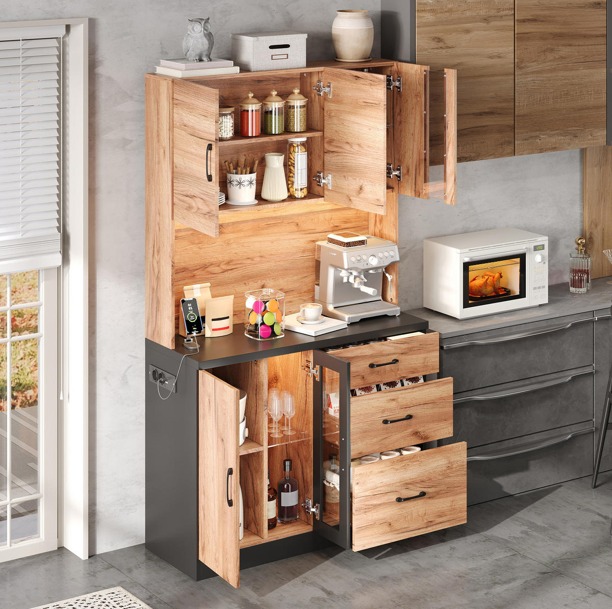 BUFFET 105/40/180 cm aus MDF mit LED-Beleuchtung und Steckdosenleiste Schwarz (Holzoptik) - Naturfarben, Holzwerkstoff (105/180/40cm) - Modenvie