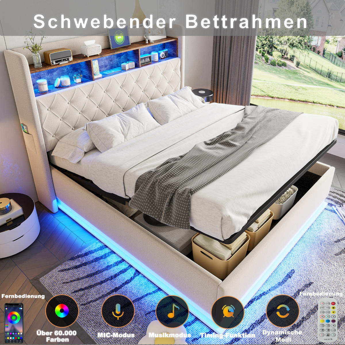 POLSTERBETT 180/200 cm Beige mit USB-Ladeanschluss und hydraulischem Stauraum - Beige, Textil (180/200cm) - OKWISH