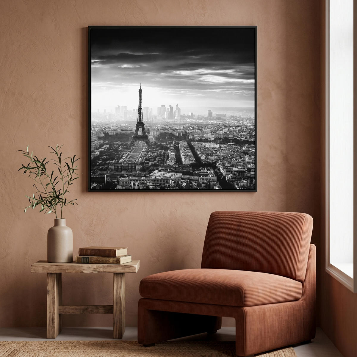LEINWAND Bilder mit Rahmen - Paris - Skyline - Eiffelturm - Stadt - Wolken - 90x90 - Dunkelgrau, Textil (90/90cm) - MuchoWow