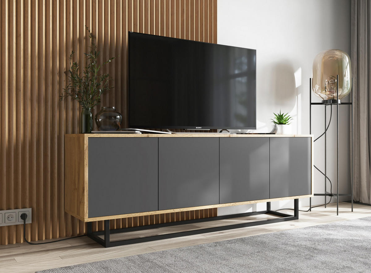 TV-SCHRANK Apollo2 Eiche wotan Graphit Matt 150/53/35 cm - Graphitfarben/Schwarz, Holzwerkstoff/Metall (150/53/35cm) - Meble Lindner