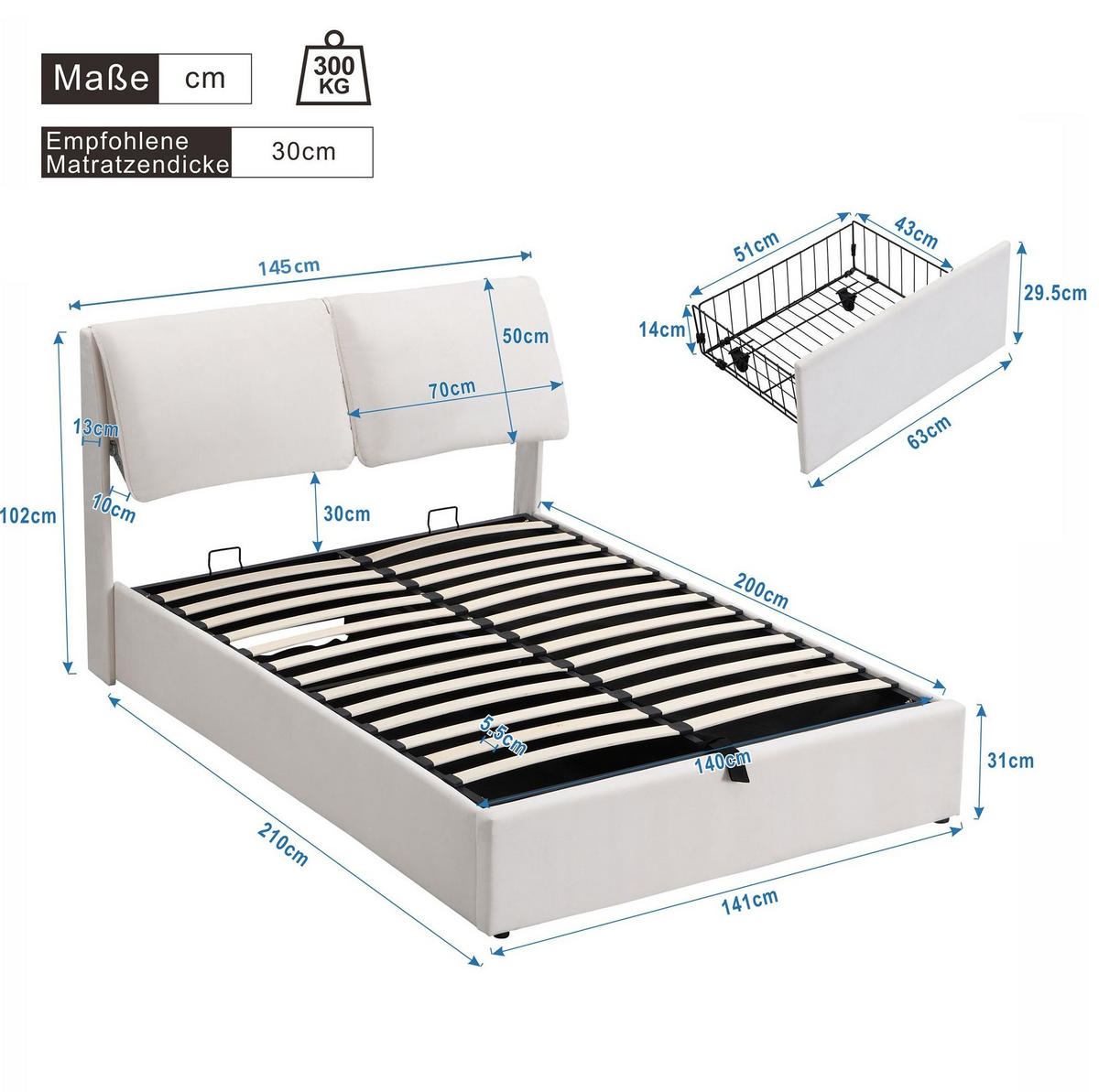 POLSTERBETT mit Bettkasten und 3 Schubladen 140x200 cm Samt Beige - Beige, Metall (140/200cm) - Meubliv