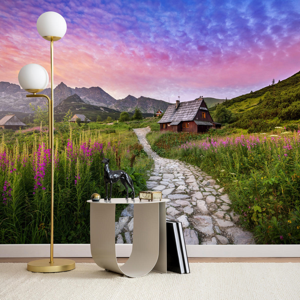 FOTOTAPETE für Schlafzimmer Berglandschaft Holzchalet Natur 150x105 - Beige/Violett, Papier (150/105cm) - Muralo