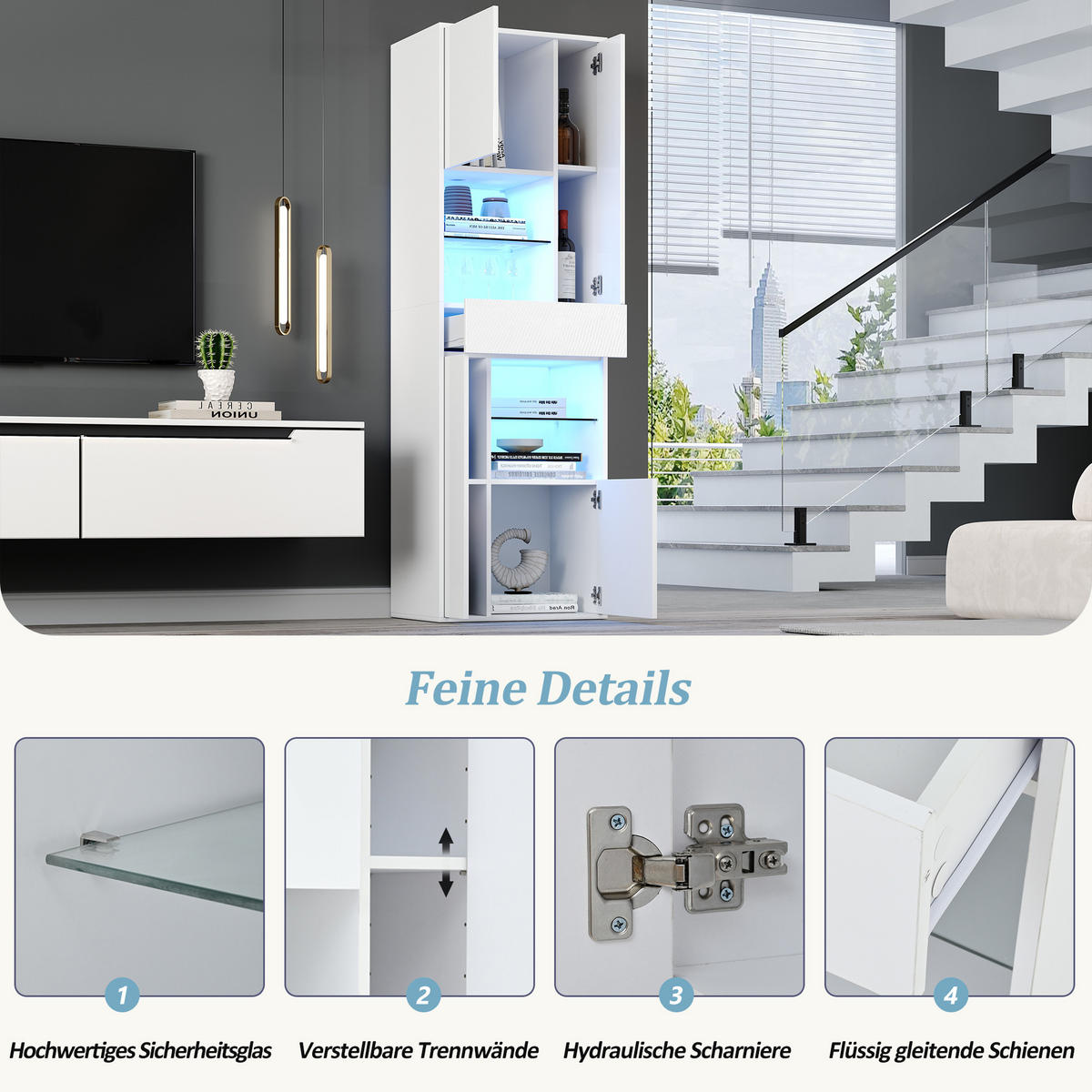 VITRINE in Weiß Verkaufsvitrine mit LED-Beleuchtung und 1 Schublade für Wohnzimmer, B55/T38/H170cm - Weiß, Glas/Holzwerkstoff (55/170/38cm) - STILVORA