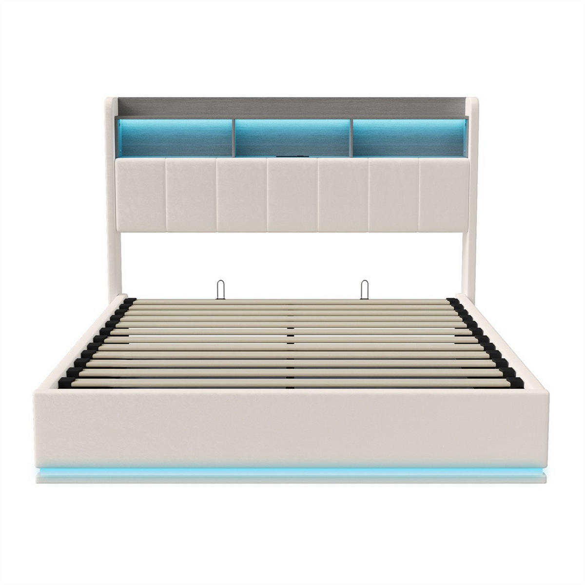 POLSTERBETT 160x200cm - Doppelbett mit RGB-LED-Beleuchtung am Kopfteil und Unterboden Stauraum-Kopfteil - Beige - Beige, Textil (160/200cm) - DELFA