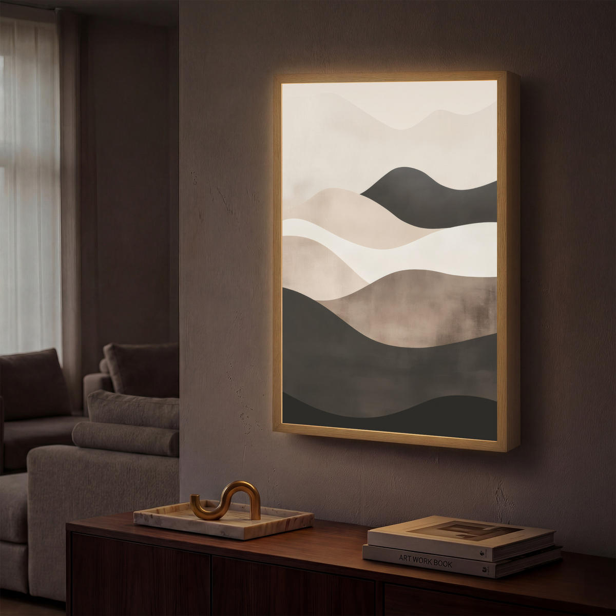 NÁSTĚNNÁ LAMPA S AKUMULÁTOREM Abstraktní - Krajina - Vlny - Krémová barva 40x60 cm - šedohnědá, kompozitní dřevo (40/60/8cm) - OnlyWow