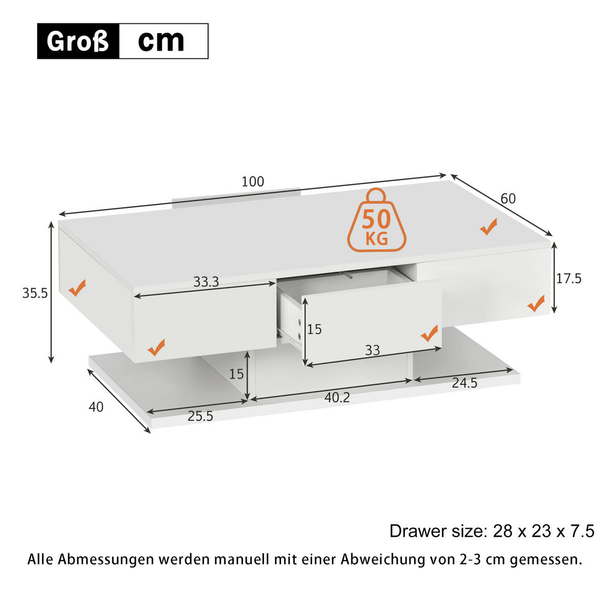 COUCHTISCH 100/60 cm mit 2 Schubladen in Weiß hochglänzend mit LED-Beleuchtung - Weiß, Holzwerkstoff (100/60/36cm) - OKWISH