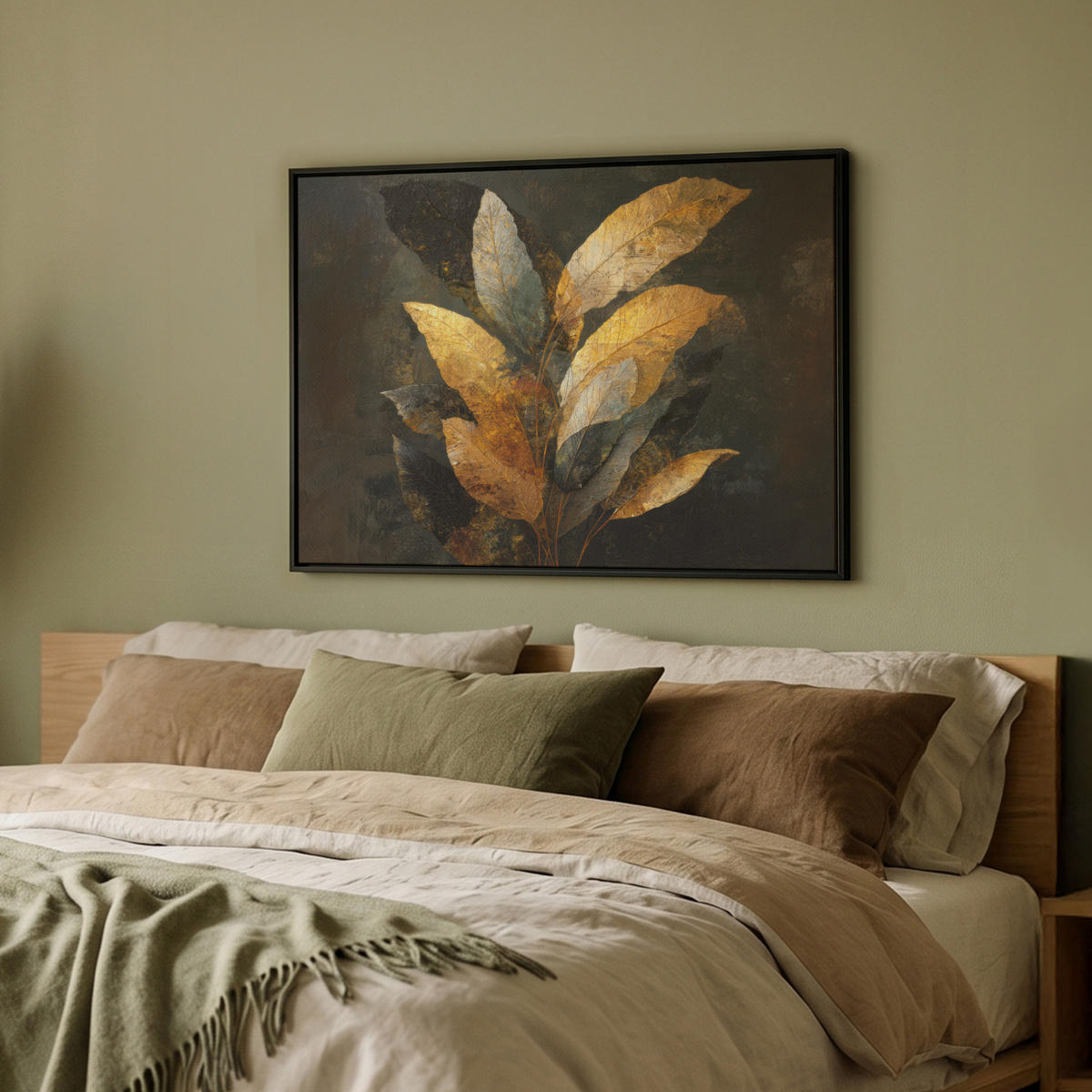 LEINWAND Bilder mit Rahmen - Golden Leaf Komposition - Botanical Luxury - 70x50 - Goldfarben, Textil (70/50cm) - MuchoWow