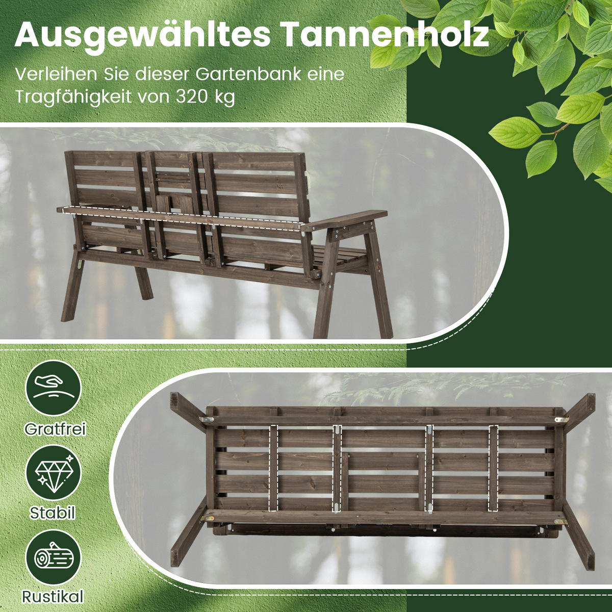 GARTENBANK Kaffee - Braun, Holz (64/86/160cm) - COSTWAY