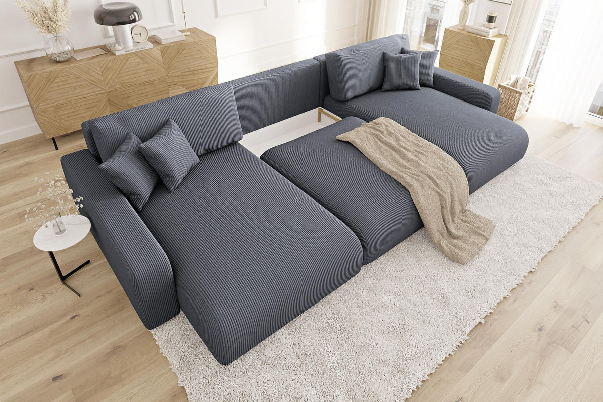 WOHNLANDSCHAFT Emma Grau Cord - Schwarz/Grau, Holz/Kunststoff (332/170cm) - S-Style Möbel