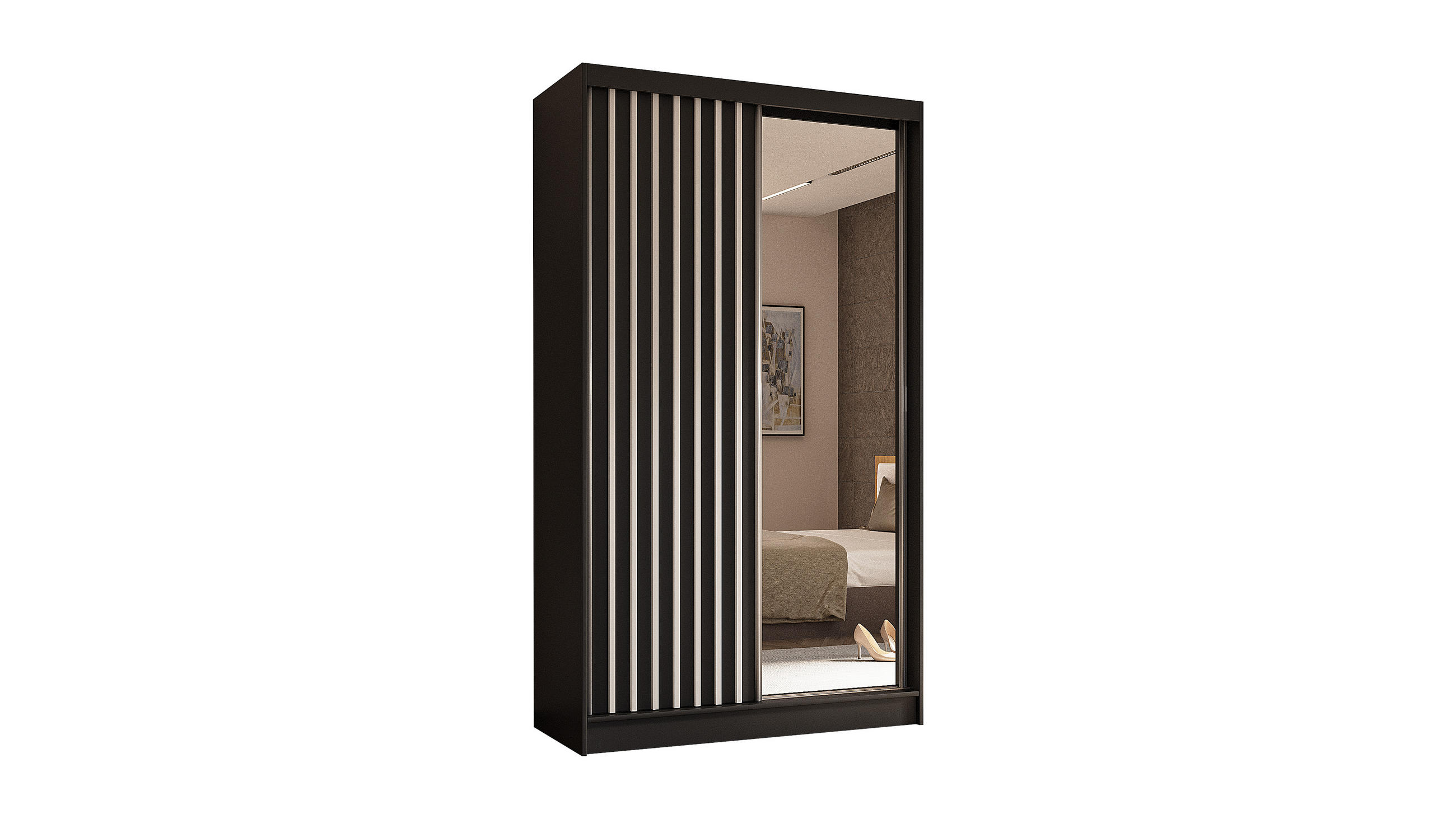 KLEIDERSCHRANK mit Spiegel-Schiebetüren und Aluminium-Leisten - LAMELO - 120 cm Schwarz+Schwarz+Weiß - Schwarz/Weiß, Holzwerkstoff (120/216/61cm) - ALTDECOR