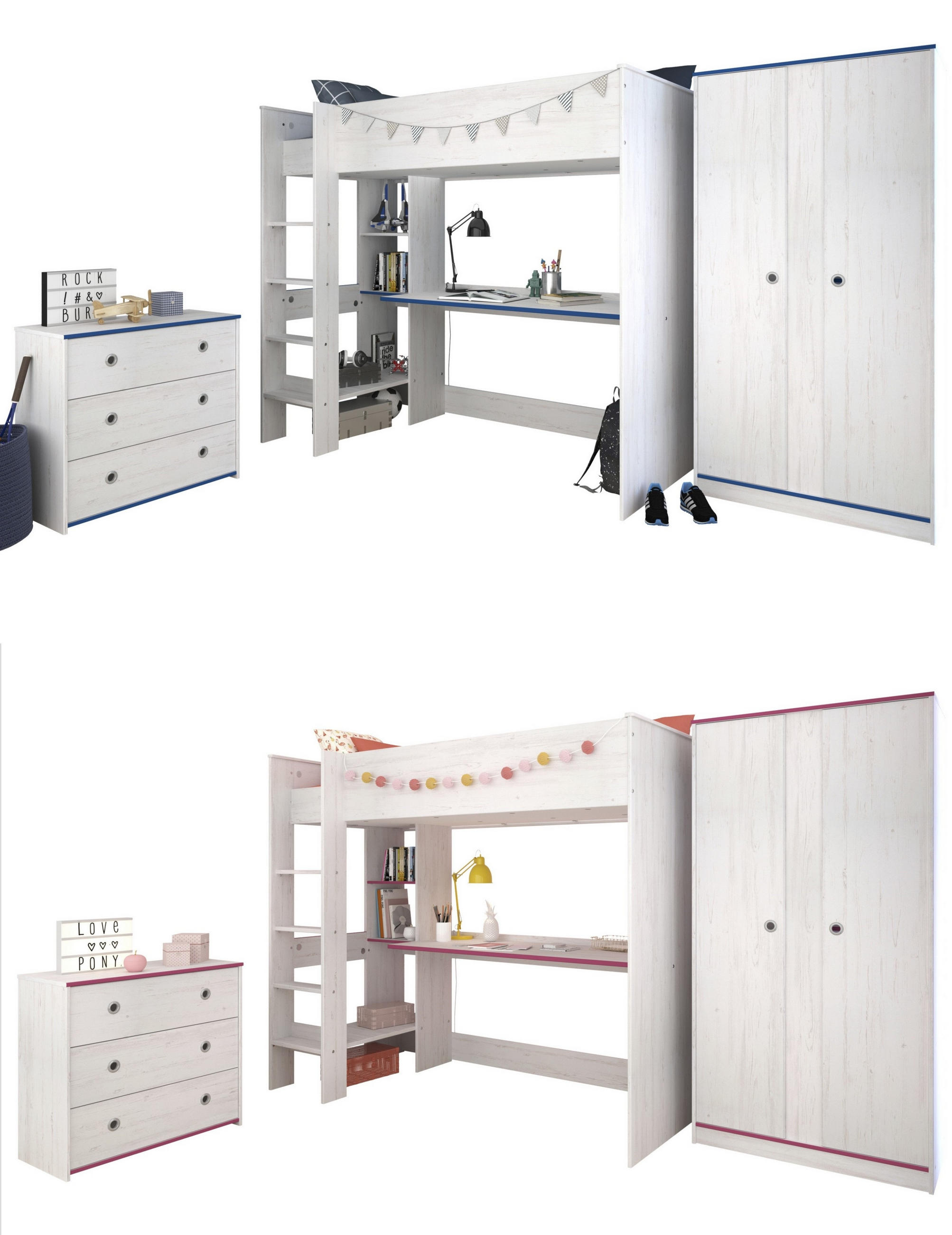JUGENDZIMMER Smoozy 28 in Kiefer Weiß mit rosa ODER blauen Absetzungen 3 teilig mit Hochbett - Weiß, Holzwerkstoff (120/200/80cm)
