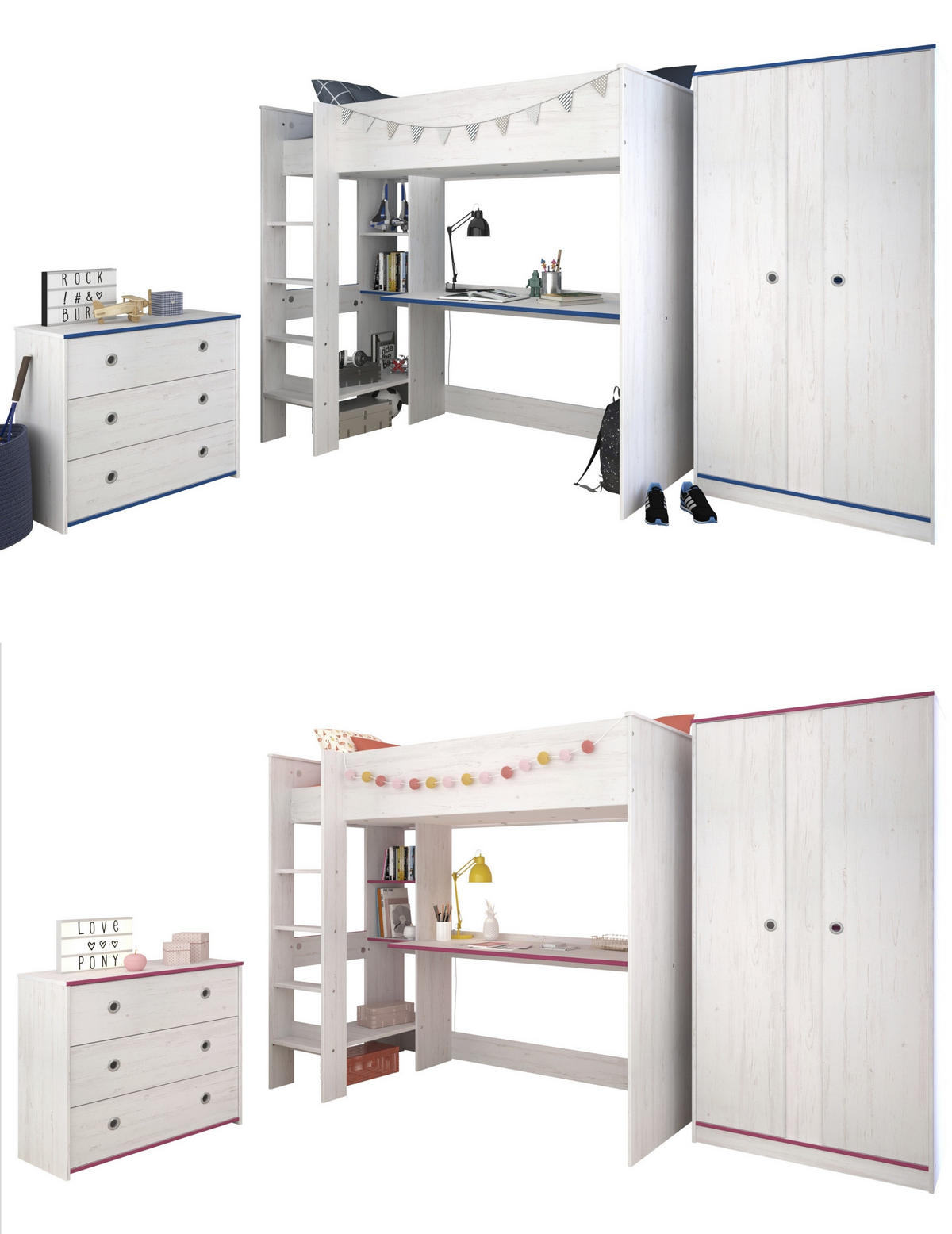 JUGENDZIMMER Smoozy 28 in Kiefer Weiß mit rosa ODER blauen Absetzungen 3 teilig mit Hochbett - Weiß, Holzwerkstoff (120/200/80cm)