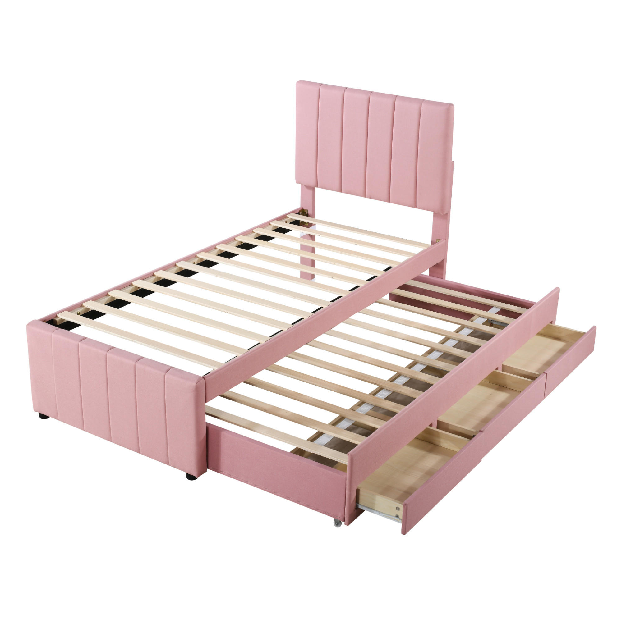 POLSTERBETT 90/200 cm Rosa aus Leinen mit Rollbett und Schubladen - Pink, Textil (90/200cm) - OKMYHOME