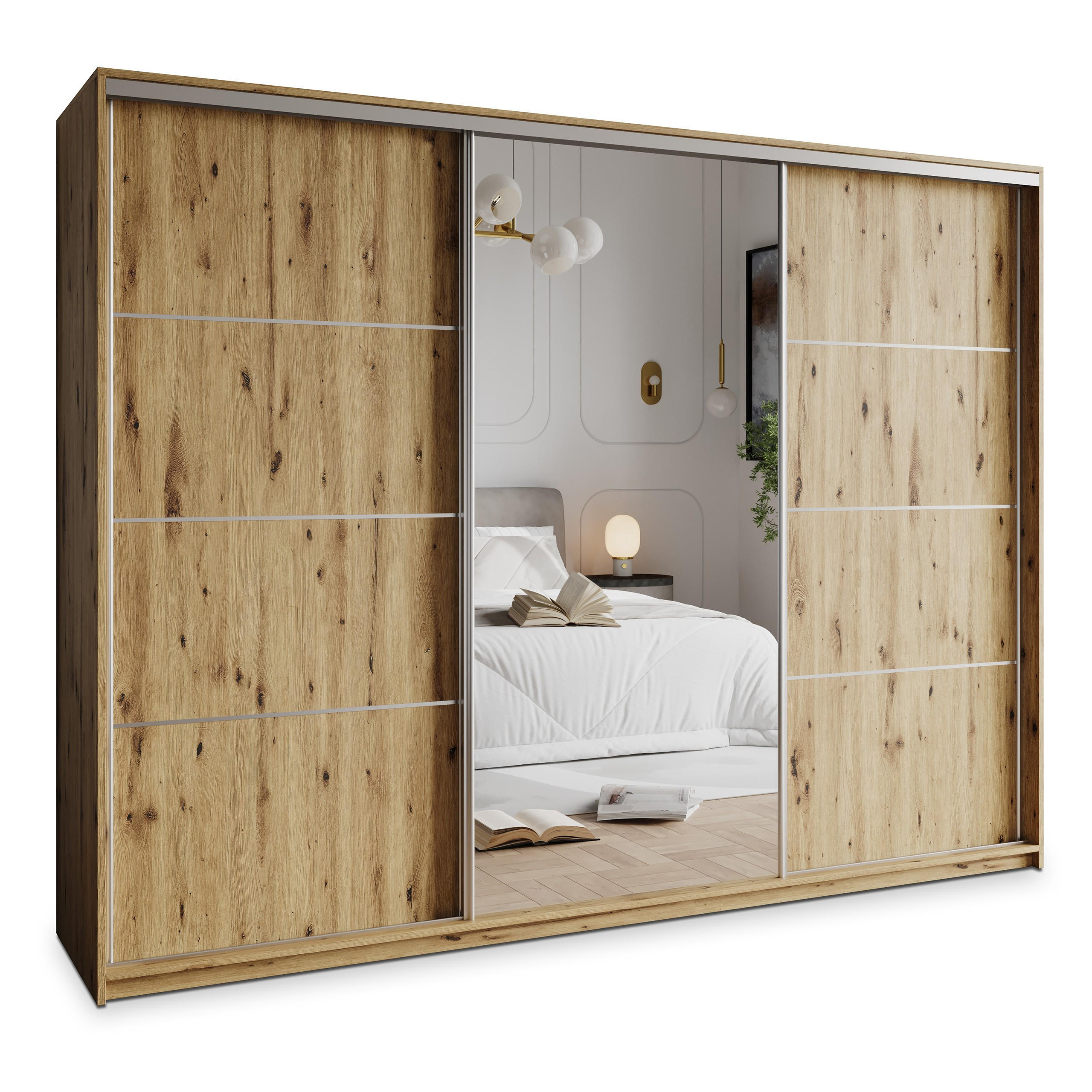 Masseno Schwebetürenschrank Eiche Artisan, Nickel 250x205x60 cm