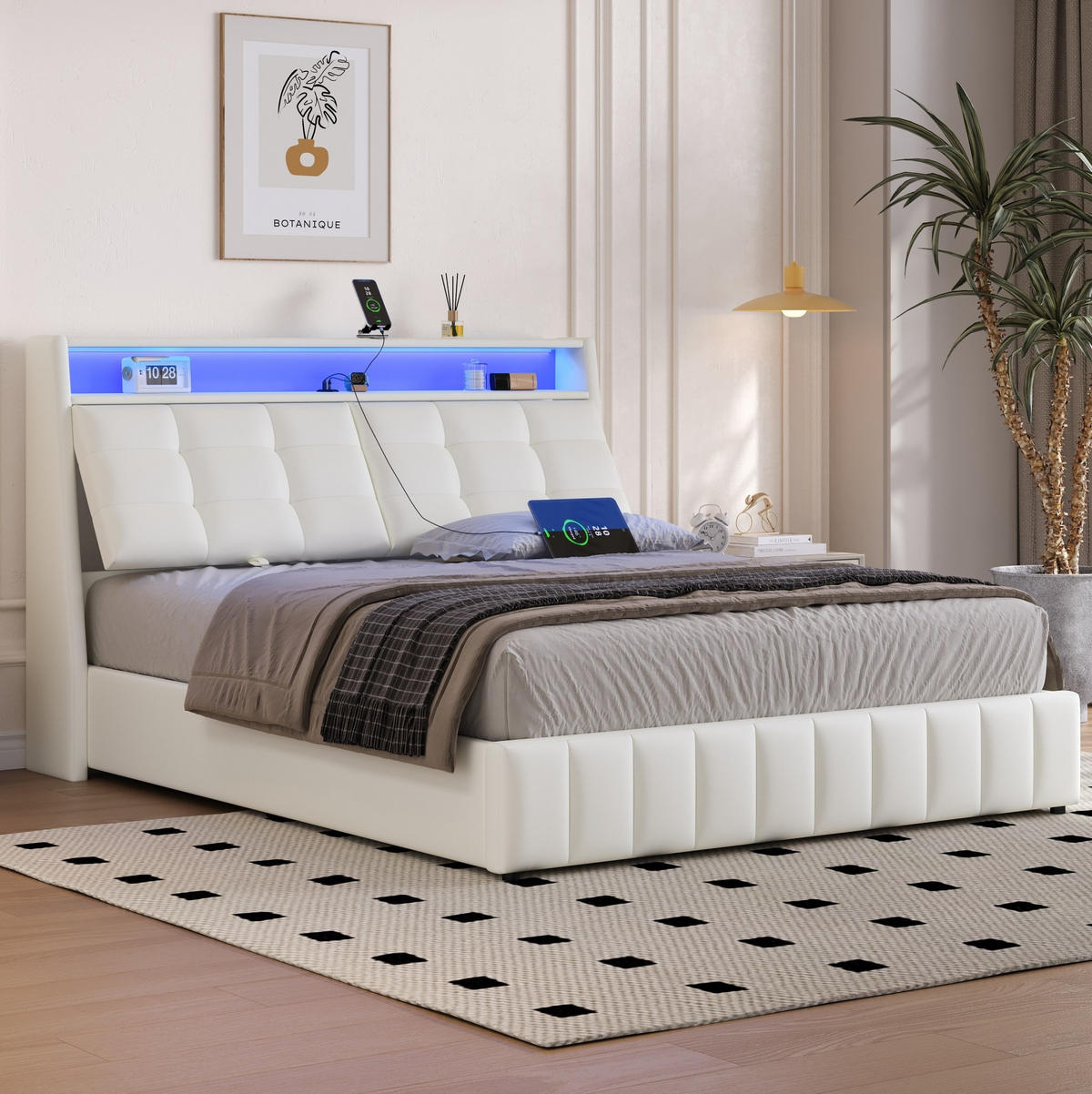 POLSTERBETT 160/200 cm mit LED-Beleuchtung, USB-Anschluss, Stauraum und verstellbarem Kopfteil, Weiß - Weiß, Holzwerkstoff (160/200cm) - Redom