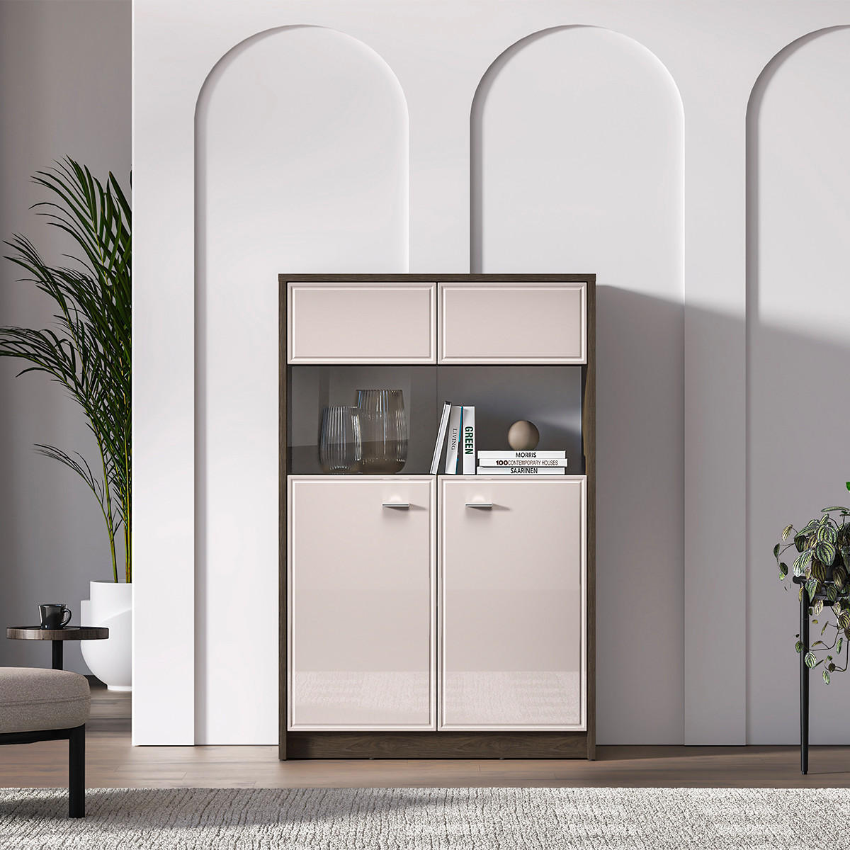 VITRÍNA Kaius Kašmír a tmavé dřevo - béžová, kompozitní dřevo (91.6/140.5/40cm) - Petits-meubles