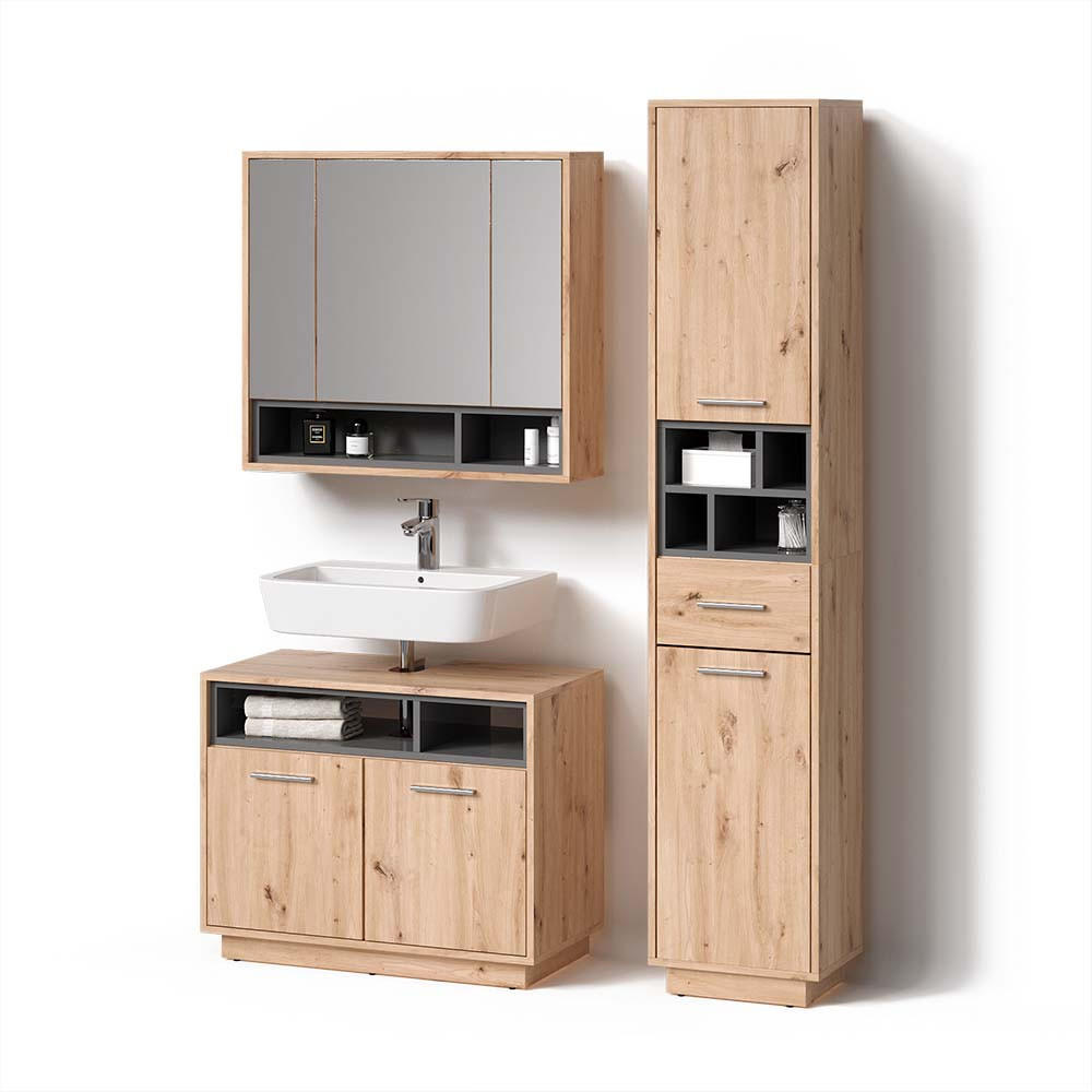 BADMÖBEL-SET Temo Artisan-Eiche 3 Teile, mit Hochschrank - Anthrazit/Eiche Artisan, Holzwerkstoff (80/64/40cm) - Livinity®
