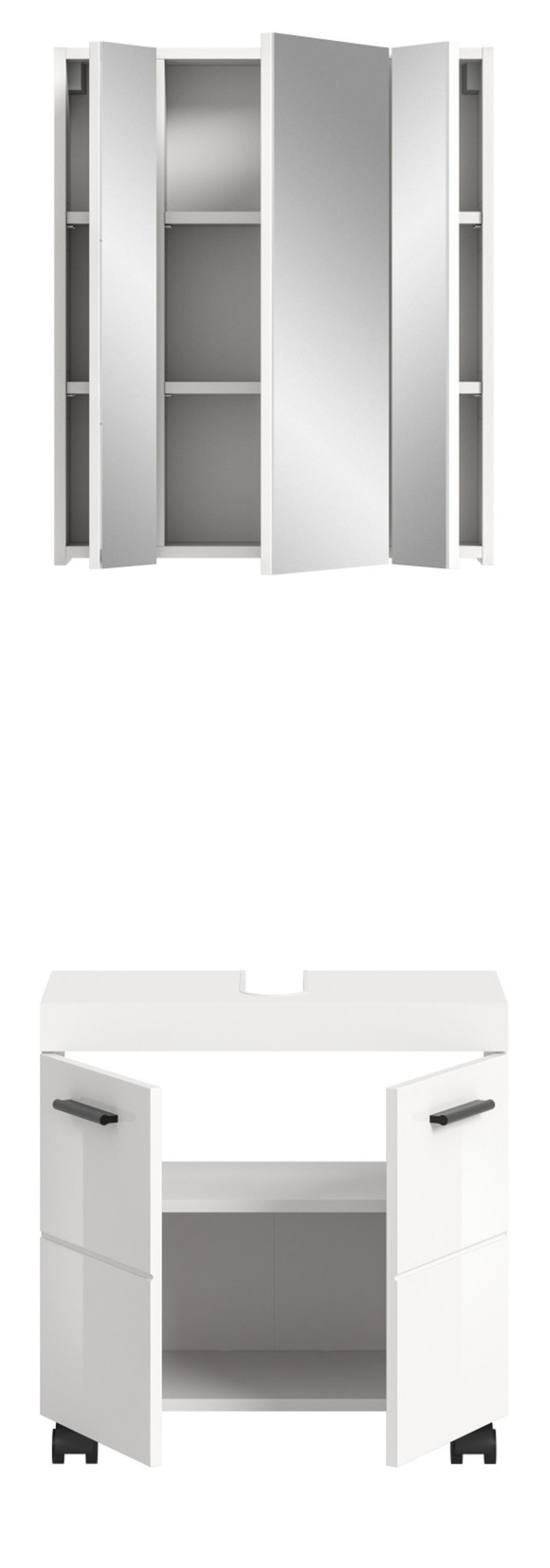 BADMÖBEL-SET weiß Hochglanz 2-teilig 60 cm, Badkombination auf Rollen - Weiß Hochglanz/Schwarz, Glas/Holzwerkstoff (60/191/30cm) - Inn.Furn