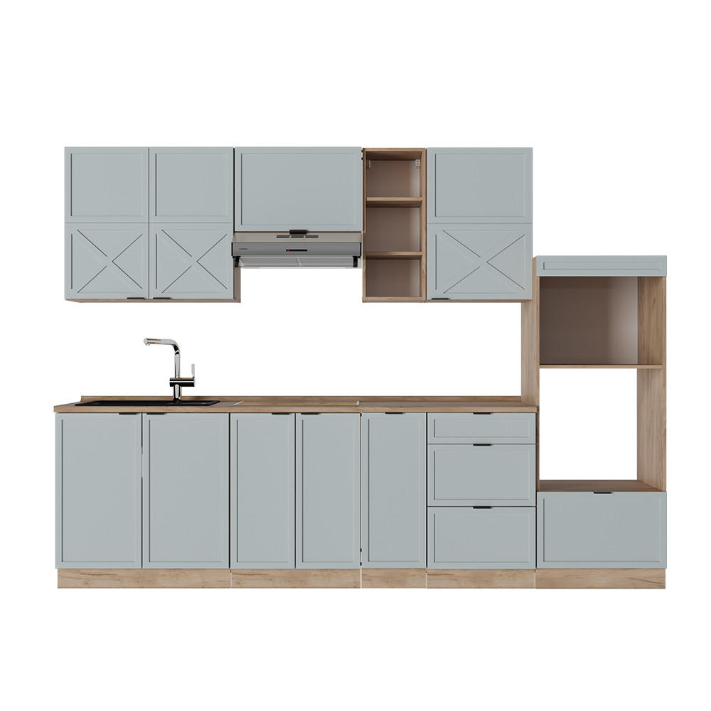 KÜCHENZEILE Fame-Line Hellblau-grau/Goldkraft Eiche 280 cm, AP Eiche - Honigeiche/Blaugrau, Holzwerkstoff (280/81.6/60cm) - Vicco