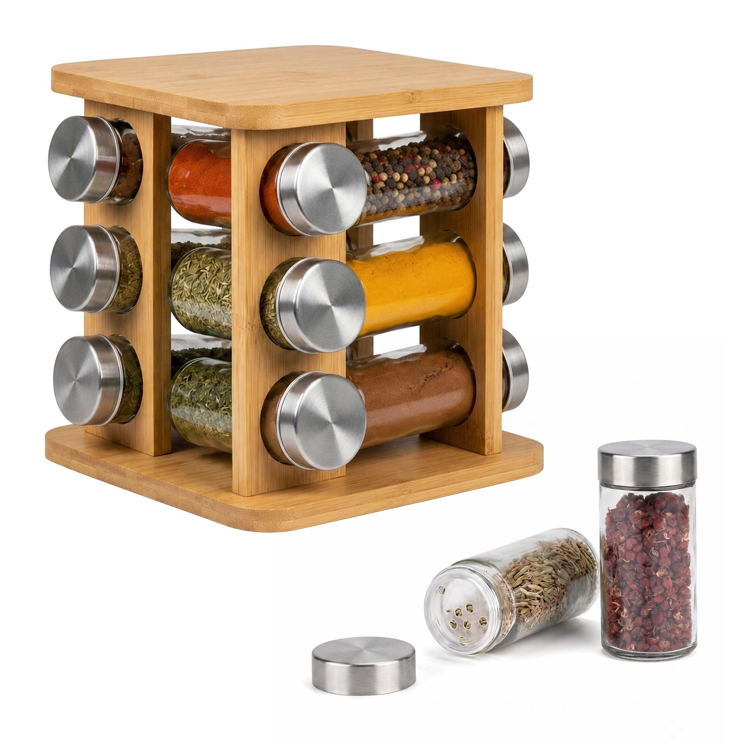 GEWÜRZKARUSSELL Natur Bambus 12er-Set - Multicolor, Glas/Holz (17/21/17cm) - Relaxdays