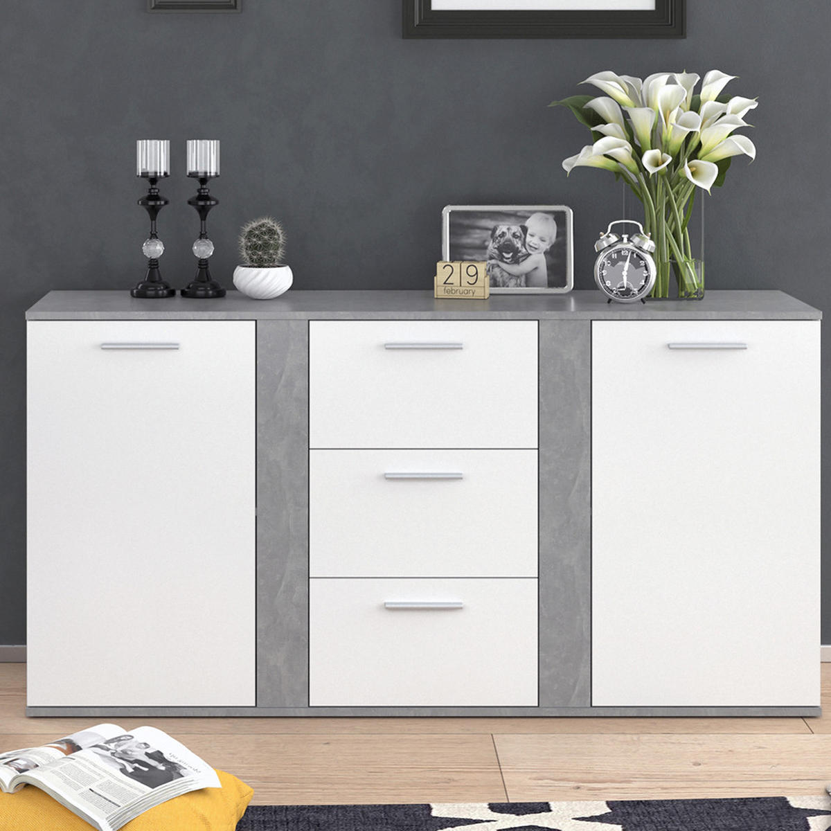 KOMMODE Novelli Beton 155 x 80 cm mit Schubladen - Grau, Holzwerkstoff (40/80/155cm) - Vicco