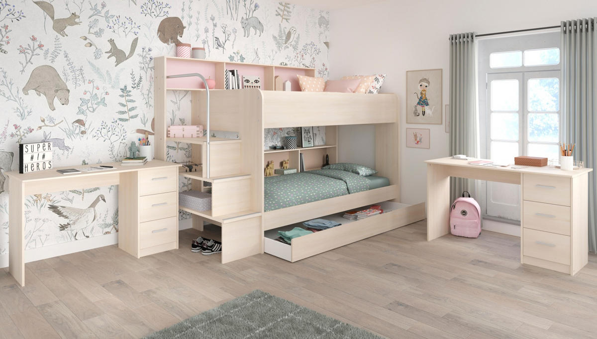 KINDERZIMMER Set 4-tlg. mit Etagenbett und 2 x Schreibtisch - Silberfarben/Akaziefarben, Holzwerkstoff/Kunststoff (245/171/114cm) - Parisot Meuble