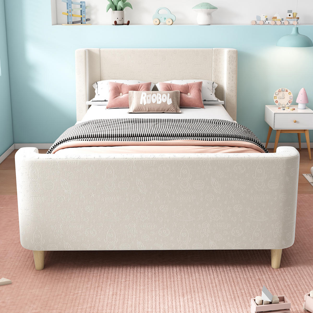 KINDERBETT 90/200 cm Beige mit Cartoon-Weltraummuster - Beige, Textil (90/200cm) - OKWISH