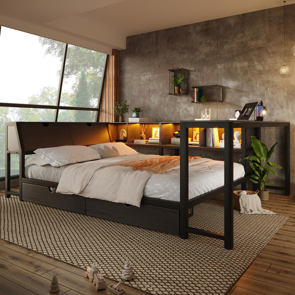 METALLBETT 140x200cm mit Stauraum-Kopfteil, Schwarz - Schwarz, Metall (140/200cm) - KOMHTOM