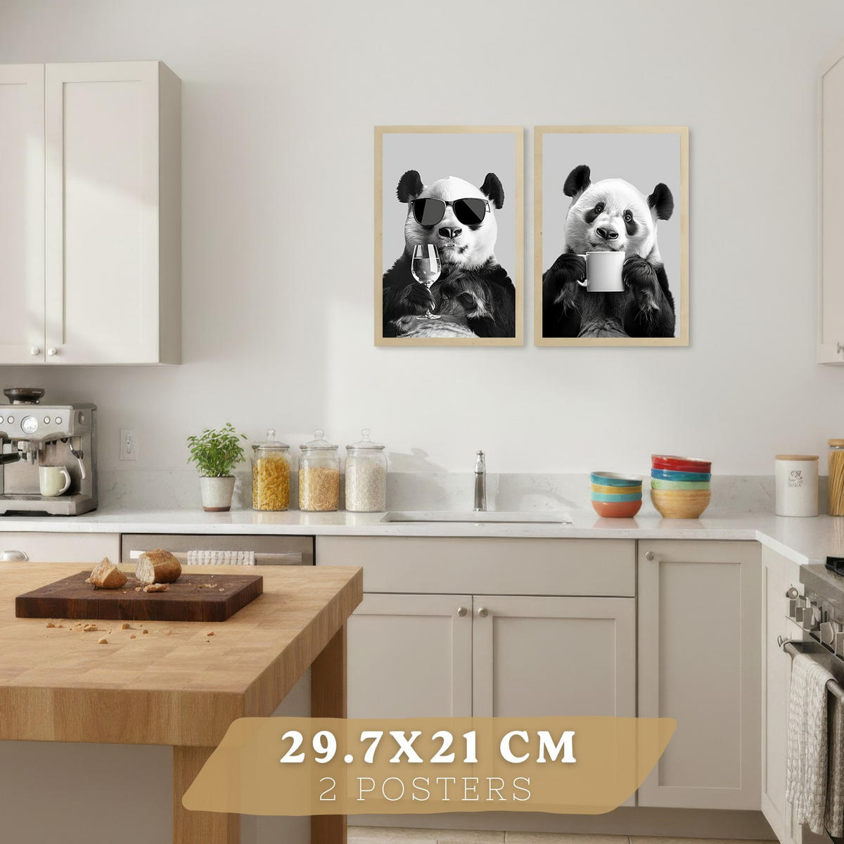 PLAKAT Sada 2 Panda Bears A4 Lehký dřevěný rám - béžová, papír (29.7/1/21cm) - Nacnic