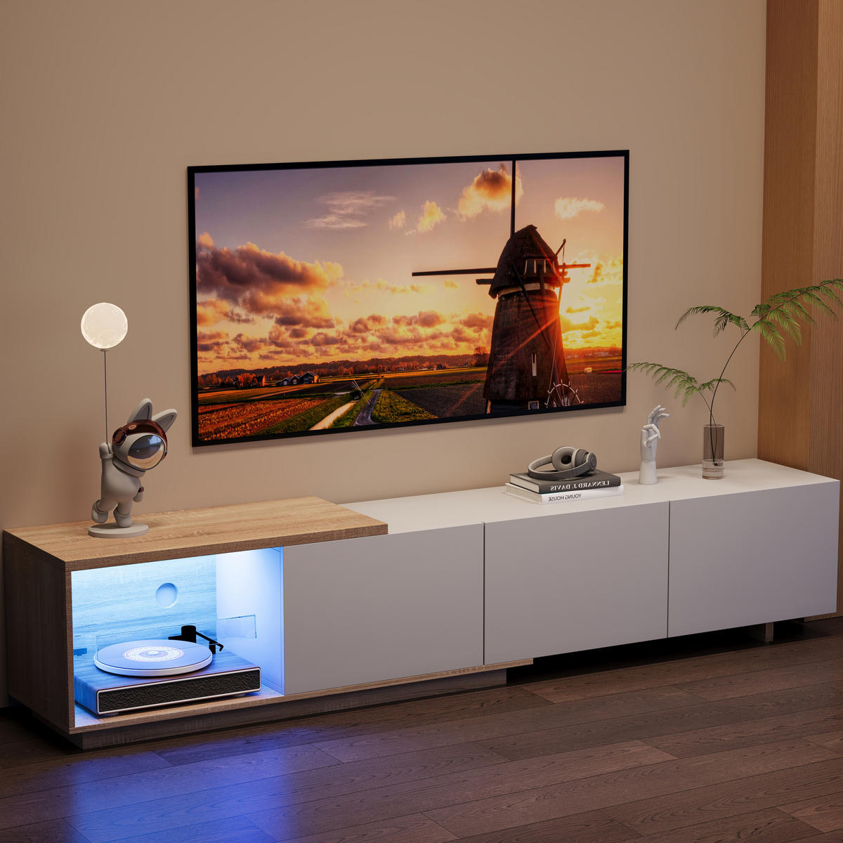 TV-SCHRANK 180 cm, weiß, LED tricolor Sensor, Feder-Schubladen, Holz braun/weiß, modern - Weiß, Holz (240/44/38cm) - EuroLiving
