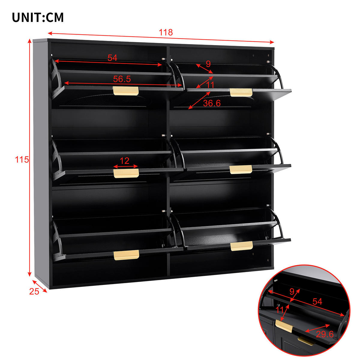 SCHUHSCHRANK aus MDF 118x25x115cm in Schwarz mit Kippsicherung - Schwarz, Holzwerkstoff (118/115/25cm) - Modfu