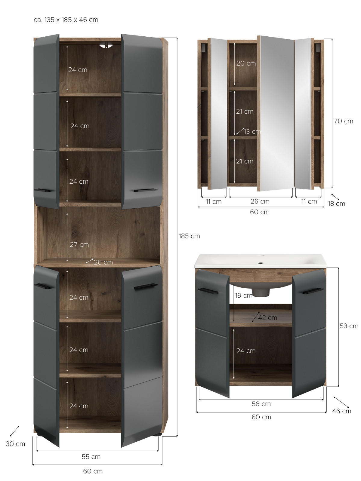 BADMÖBEL-SET 3-teilig schwarz matt, Nox Eiche, Badkombination 135 cm inklusive Waschbecken - Eichefarben/Schwarz, Glas/Holzwerkstoff (135/185/46cm) - Inn.Furn