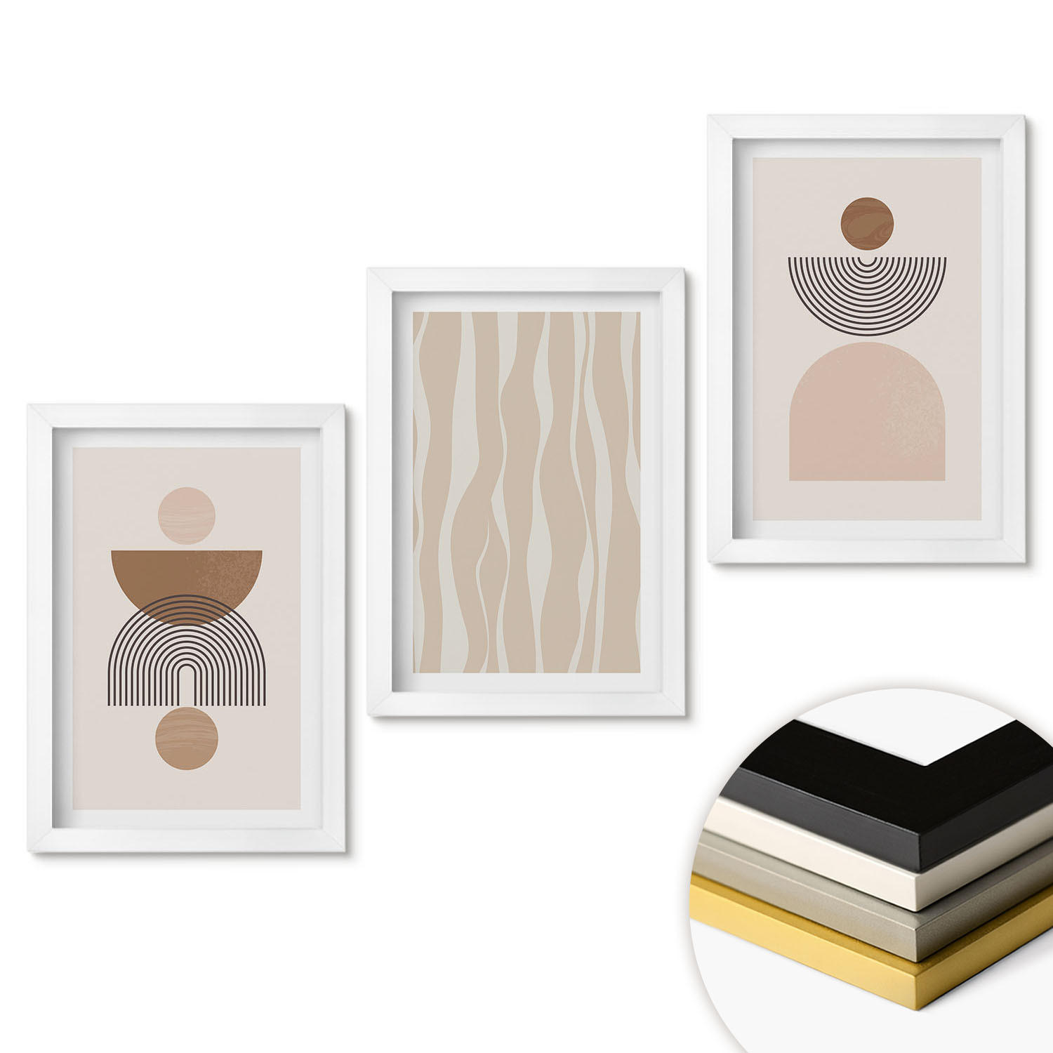 WANDBILDER 3er-Set - 20x30 cm Weißer Rahmen - Abstrakte Formen braun beige - Weiß, Kunststoff (20/30cm) - ArtPrintCave