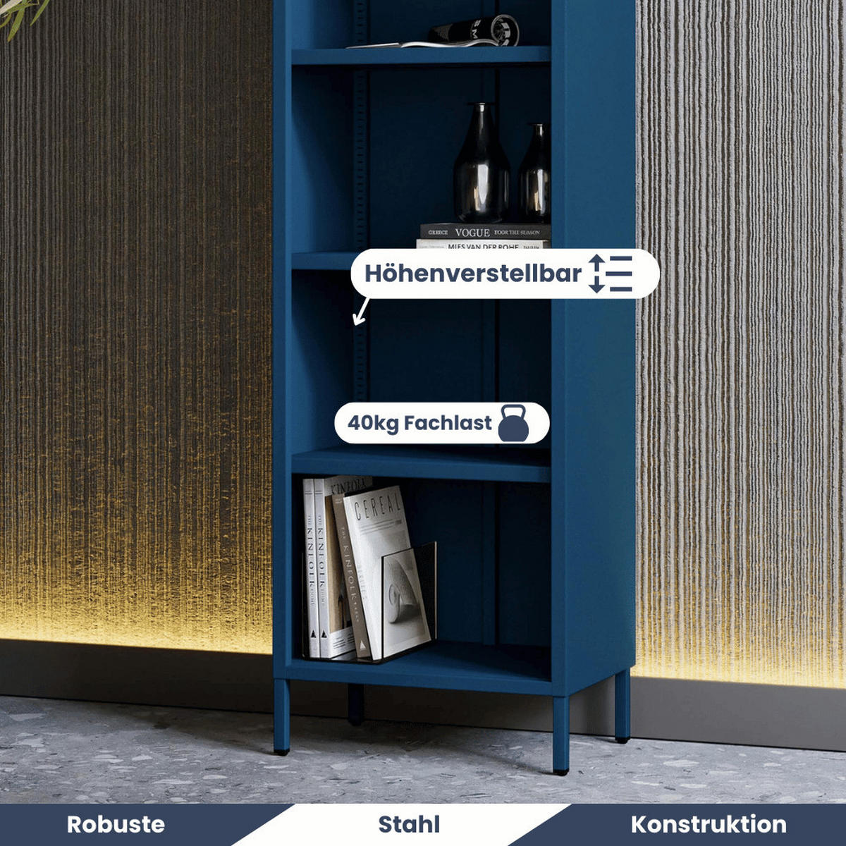 BÜCHERREGAL Metall CLIEN 5 Ebenen 180x50x35cm Dunkelblau - Dunkelblau, Metall (50/180/35cm) - DELUKE