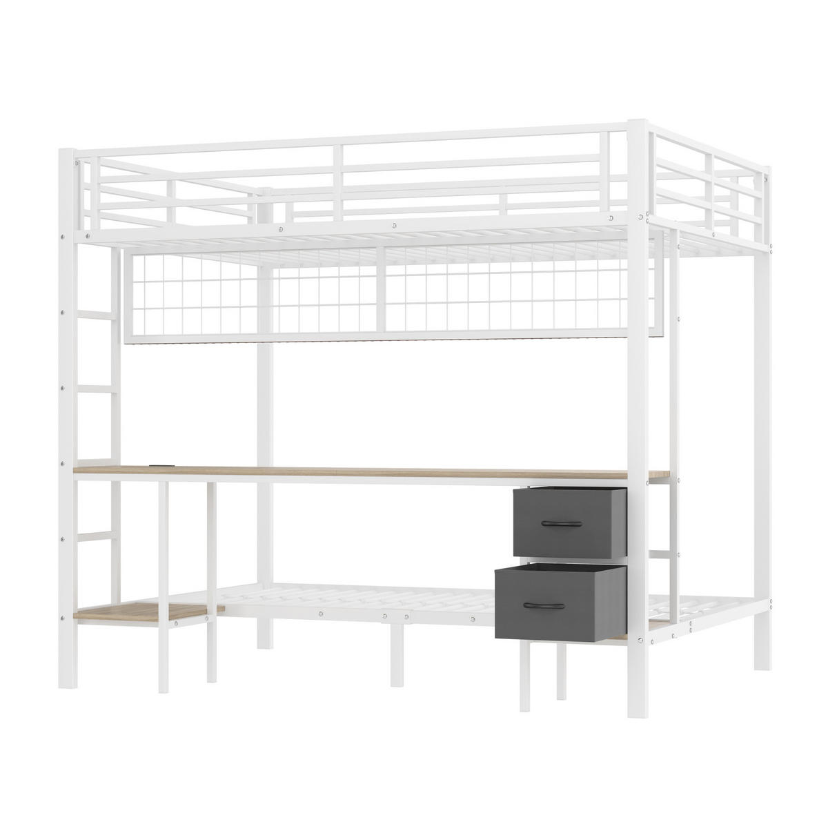 VISOKA postelja 140/200 cm bela z mizo, LED osvetlitvijo, predali in policami iz kovine in MDF - bela, kovina (140/200cm) - OKWISH