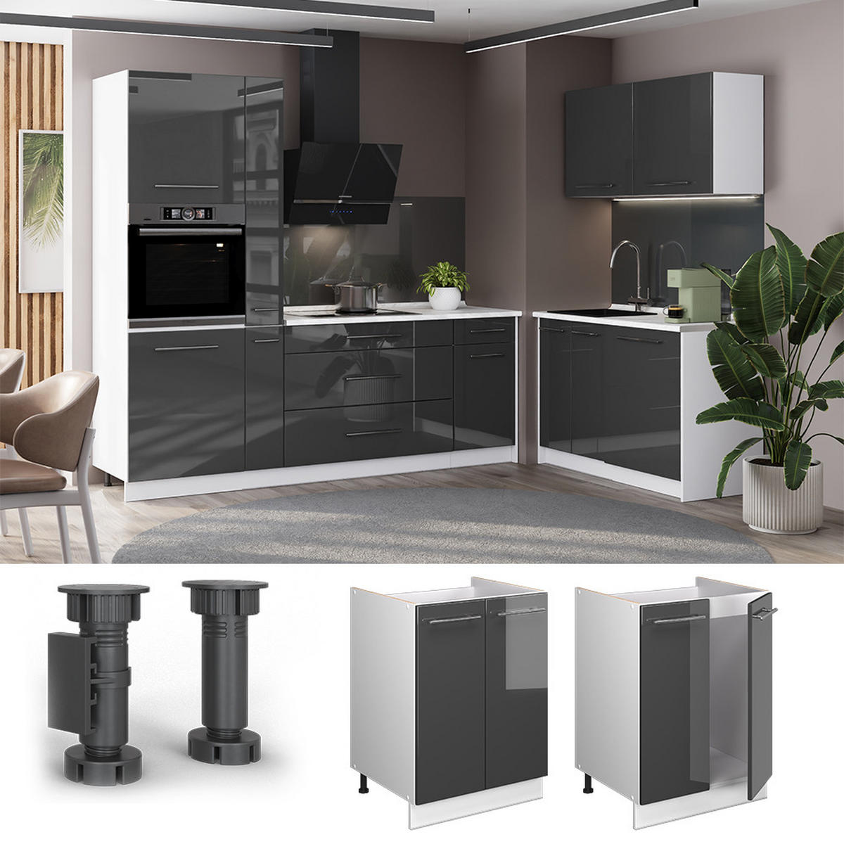 SPÜLENUNTERSCHRANK Fame-Line, Anthrazit Hochglanz/Weiß, 60 cm - Schwarz Hochglanz/Weiß, Holzwerkstoff (60/82/60cm) - Vicco