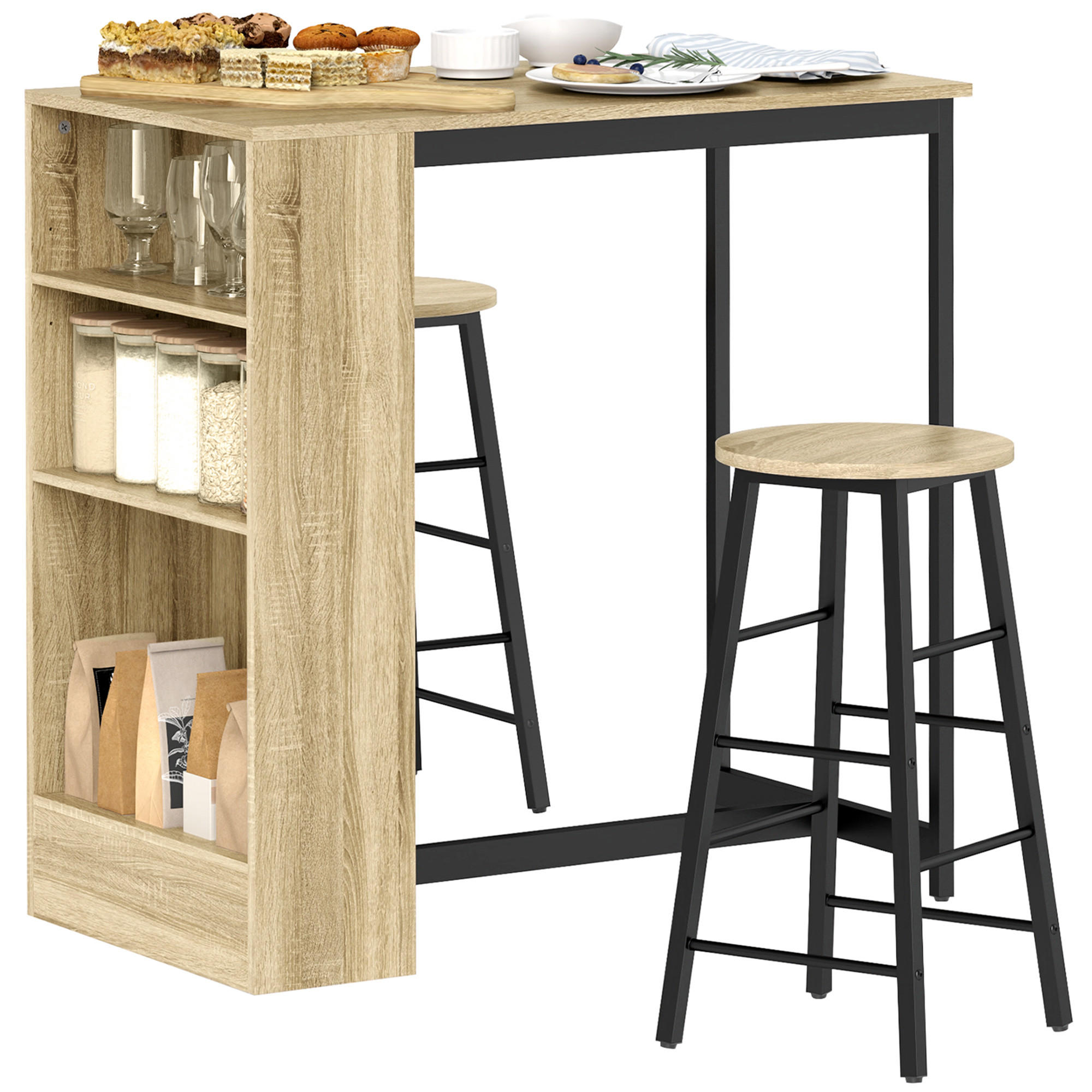 BARTISCH mit Barhocker Set, 3-TLG. 2 Hocker, Stahl, Eiche - Multicolor, Metall (91/91/49cm) - HOMCOM
