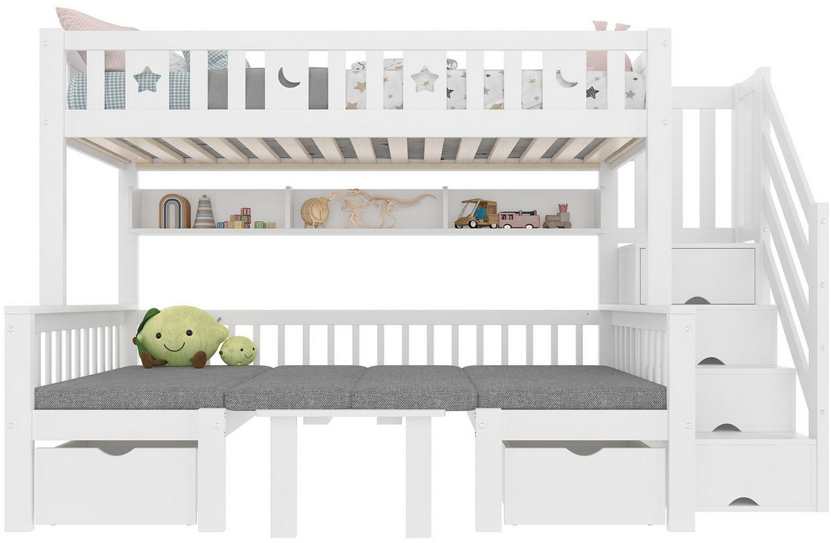 HOCHBETT 90/200 cm mit Klapptisch, Schlafsofa und Stauraumleiter, Weiß - Weiß, Holz (90/200cm) - Redom