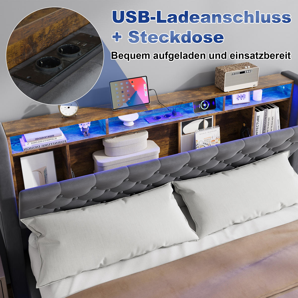 POLSTERBETT 160/200 cm in Dunkelgrau Samt mit Bettkasten, LED-Beleuchtung und USB-Anschluss - Dunkelgrau, Holzwerkstoff/Textil (160/200cm) - CHICFURN