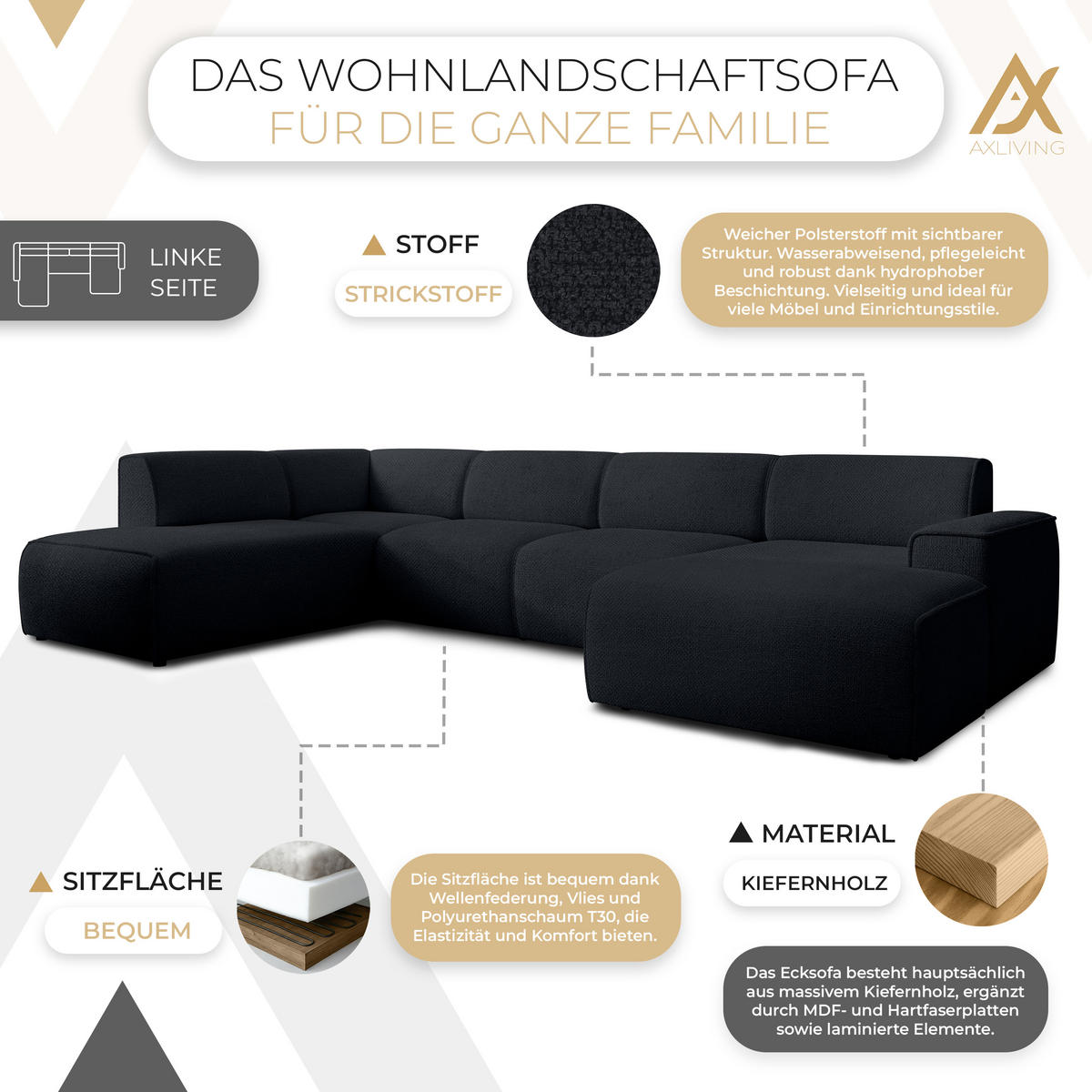 WOHNLANDSCHAFT Didim Schwarz 378/220/78 cm – großes Sofa stilvoll & bequem L - Schwarz, Kunststoff/Textil (220/78/378cm) - AX Living