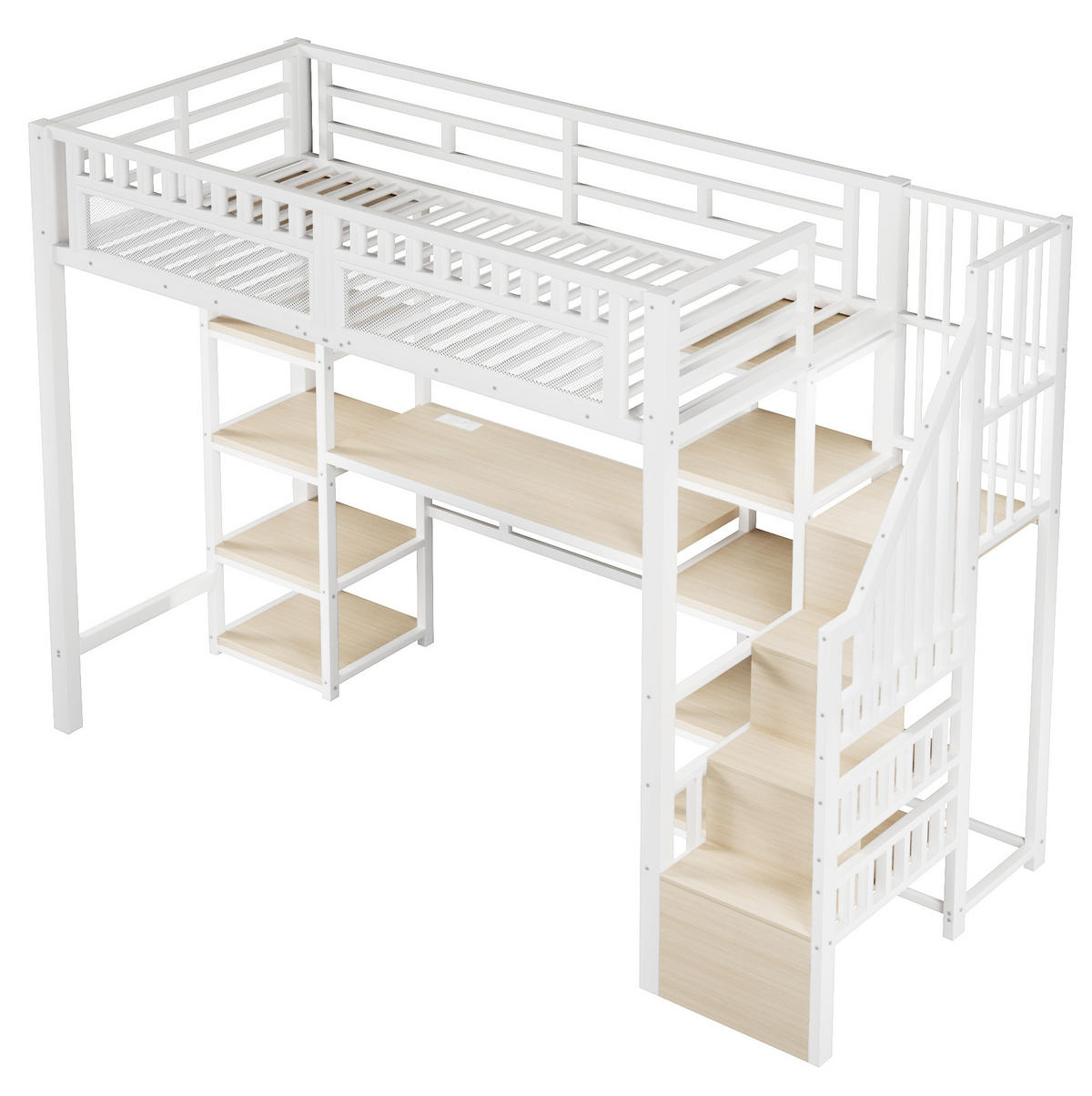 HOCHBETT 90/200 cm weiß aus Metall/MDF mit LED-Schreibtisch - Weiß, Metall (90/200cm) - OKWISH