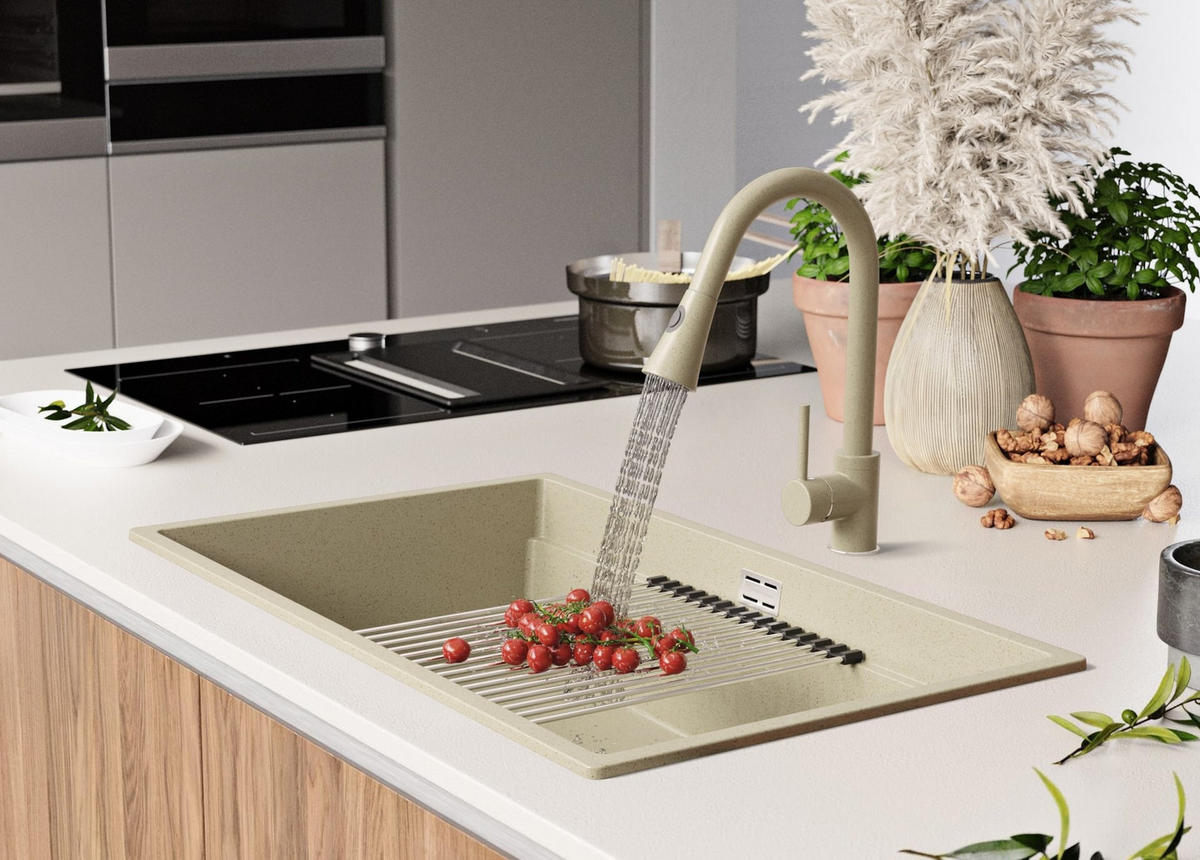 SPÜLBECKEN Praga Slim, 2-er set Beige 76/47 cm 1 Becken + Ablauf-Set + Aufrollbare Abtropffläche ab 80er Unterschrank - Chromfarben/Beige, Kunststoff (76/20/47cm) - Primagran