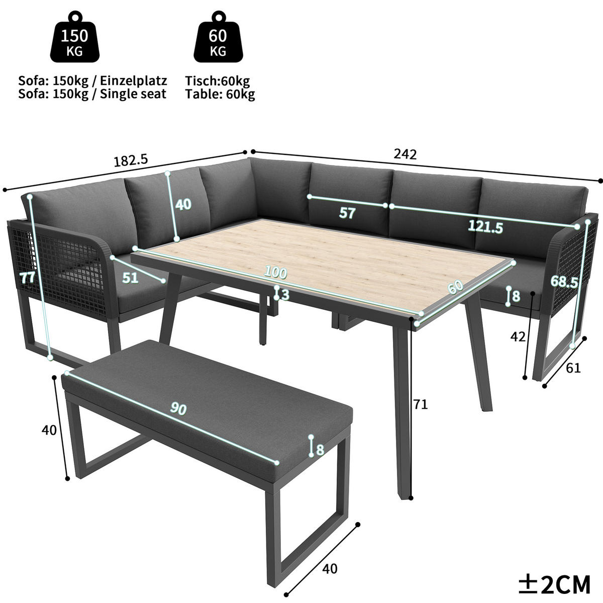 GARTENMÖBEL-SET modular mit Tisch 5-tlg. PE-Rattan Grau - Grau, Metall - Beauniv