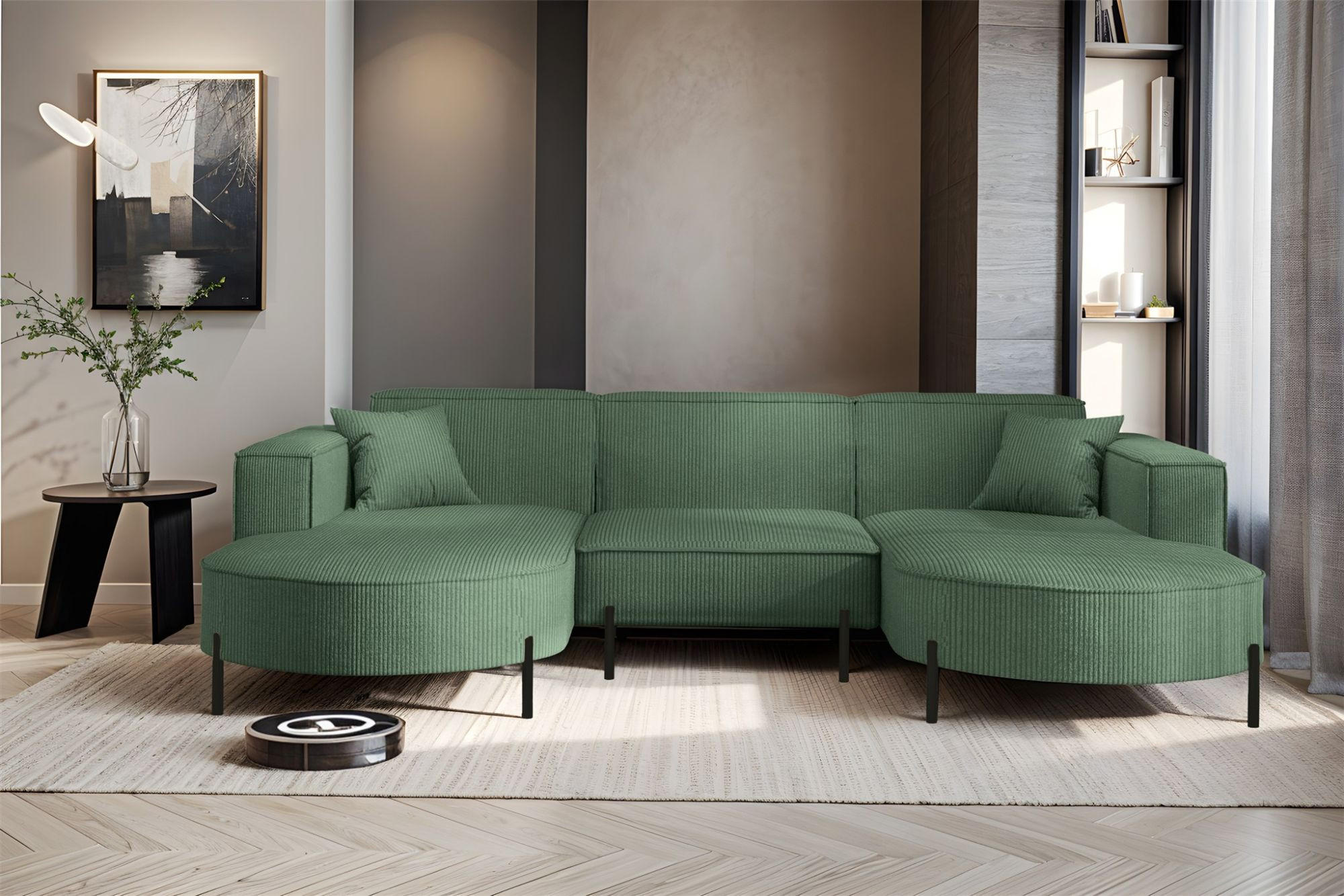 WOHNLANDSCHAFT Valencia - Grün, Holzwerkstoff/Textil (299/80/165cm) - Fun Möbel