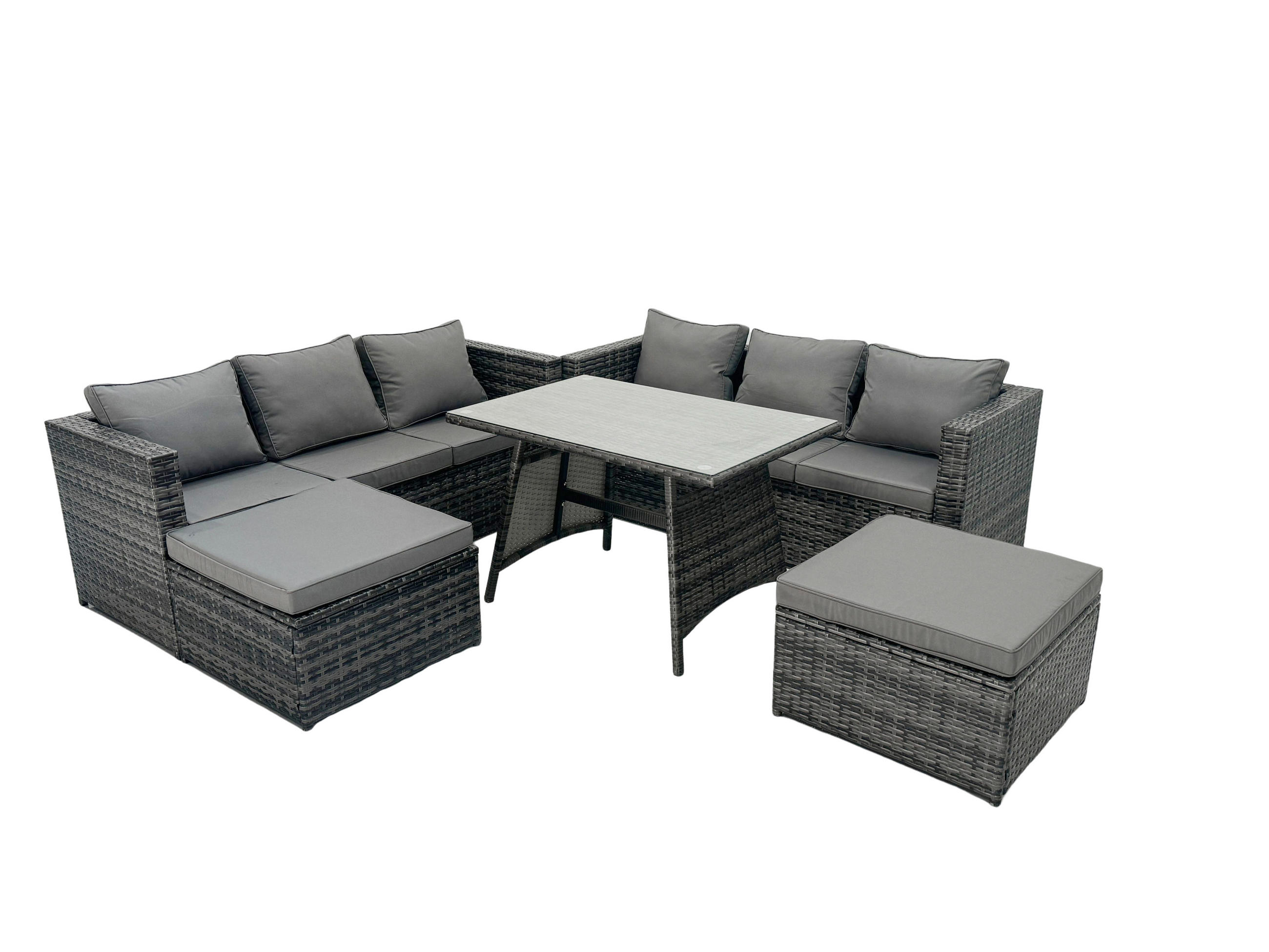 GARTENSET mit Esstisch 2 Großer Fußhocker Polyrattan 8-Sitzer - Dunkelgrau/Grau, Glas/Kunststoff - Fimous