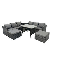 GARTENSET mit Esstisch 2 Großer Fußhocker Polyrattan 8-Sitzer - Dunkelgrau/Grau, Glas/Kunststoff - Fimous