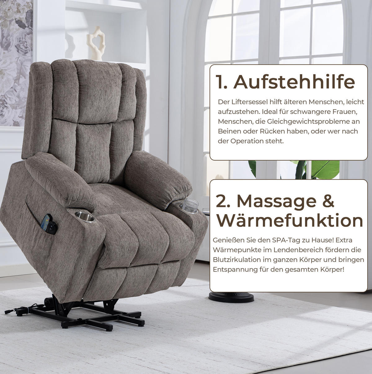RELAXSESSEL elektrisch mit Aufstehhilfe und Fußteil in Hellbraun - Hellbraun, Textil (84/106/91cm) - BEAOK
