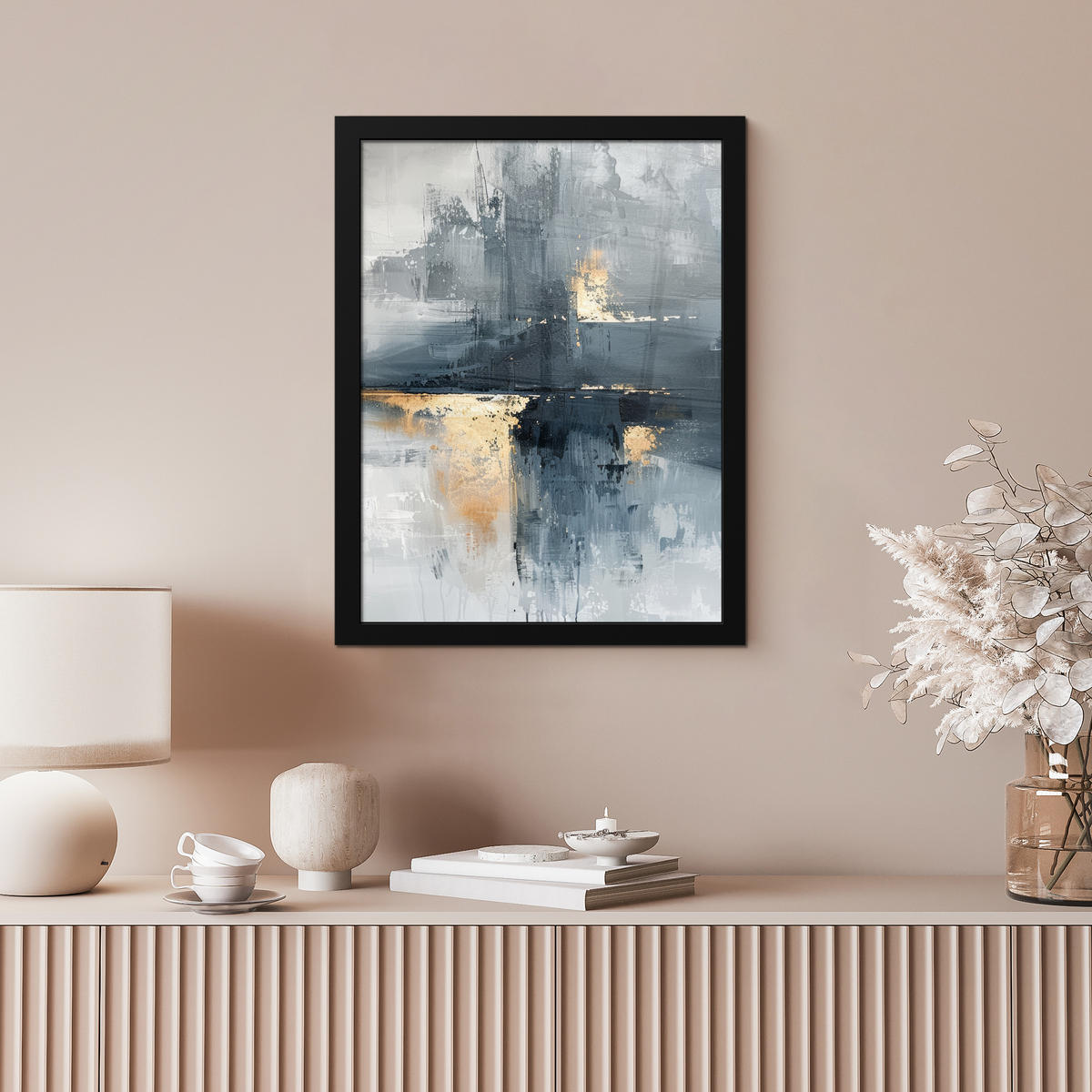 GERAHMTES BILD Kunst - Grau - Gold - Abstrakt 30x40 cm - Dunkelgrau, Papier (30/40cm) - MuchoWow